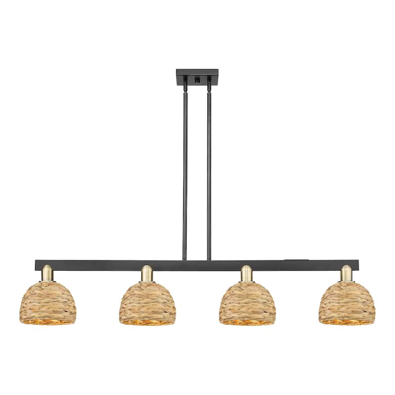 Innovations Lighting Endless Possibilities Arcadia - Woven Rattan - 4 Light 51" Stem Hung Island Light - Black Antique Brass