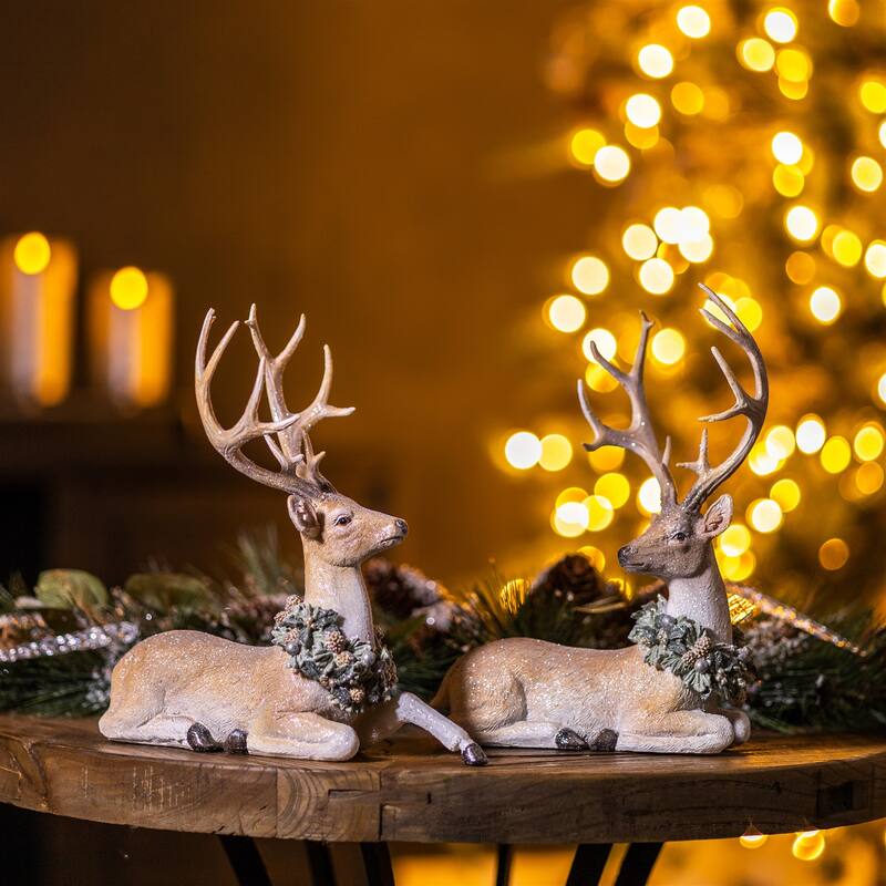 Glittered Deer with Holly Wreath (Set of 2)