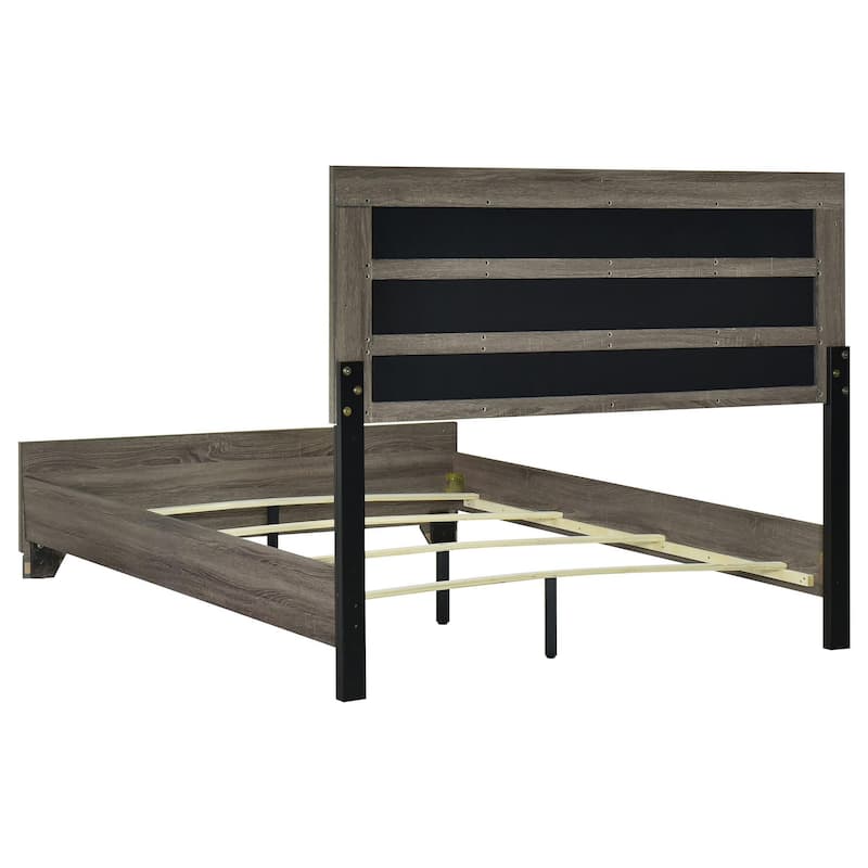 Reay King Size Bed, Oak Brown Wood, Tufted Tan Headboard Upholstery