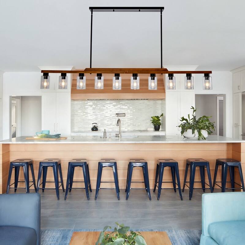 Farmhouse Chandelier for Dining Room Kitchen Island Rustic Wood Linear Pendant Light with Seed Glass Shade