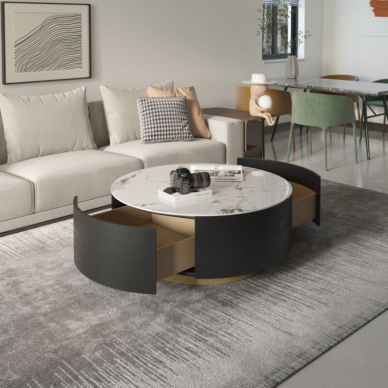 Modern Marble Top Round Coffee Table with Metal Base and 2 Drawers
