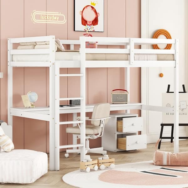 slide 2 of 10, White Twin Size Wood Loft Bed with Desk, Storage, and Ladder White