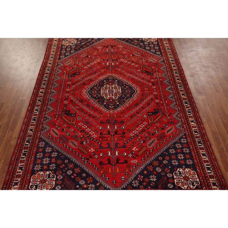 Hand Knotted Oriental 100% Wool Carpet Traditional Tribal Red Shiraz Area Rug - 9' 8'' X 6' 7''