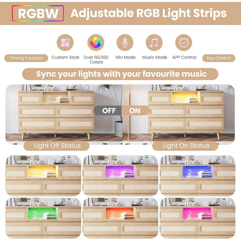 Modern Rattan 6-Drawer Dresser w/ LED Light, Deep Drawers
