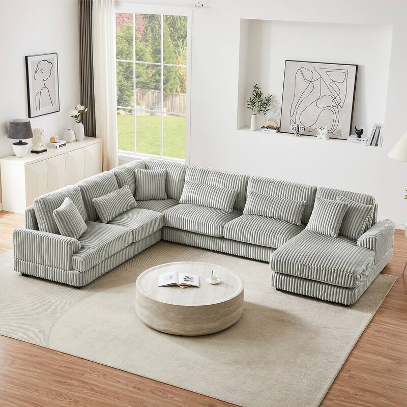 Oversized U-Shaped Sectional Sofa with Chaise, 4 Square and 3 Lumbar Pillows for Living Room - Grey