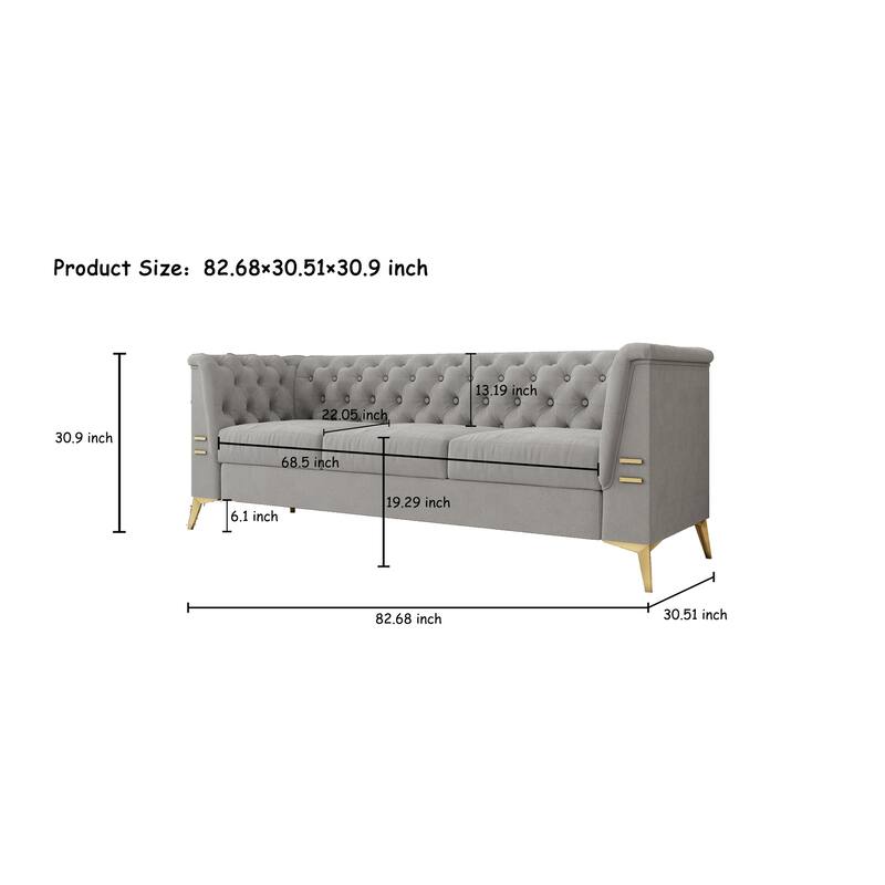 82'' Velvet 3 Seater Chesterfield Sofa Couch with Gold Metal Legs, High Rebound Sponge and Removable Cushions
