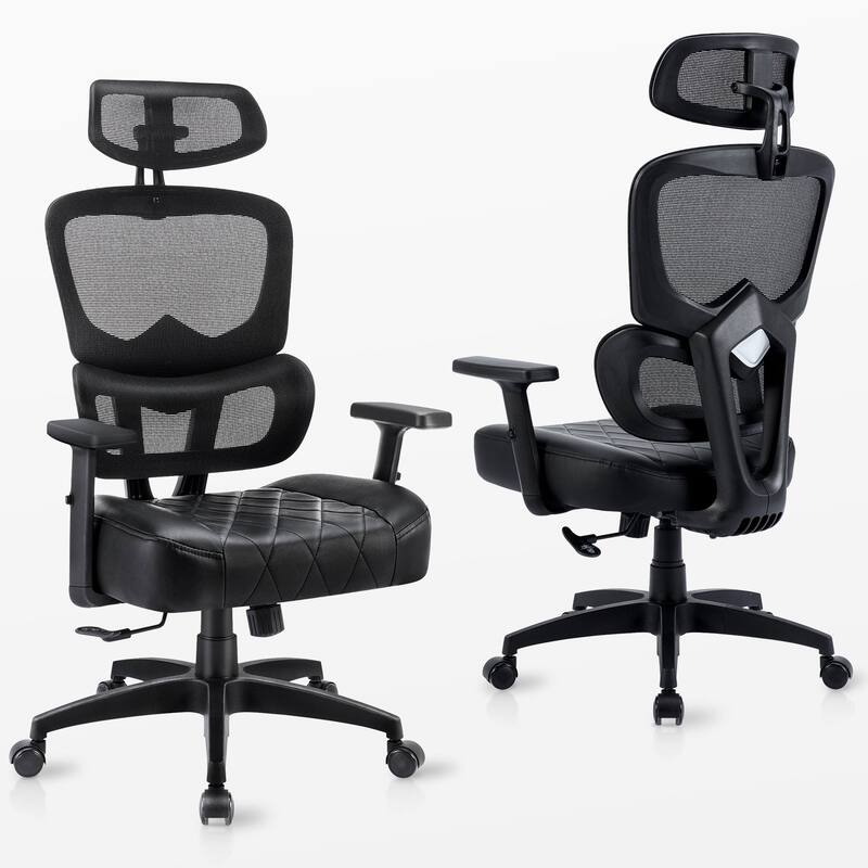 VECELO Executive Office Chair with PU Leather Seat Adjustable Height Mesh Backrest & 3D Lumbar Support 125° Reclining
