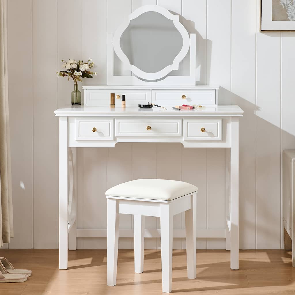 2-Piece Makeup Vanity Desk Set with PU Upholstered Stool, 5 Drawers Vanity Table Dressing Table with Swivel Vanity Mirror, White