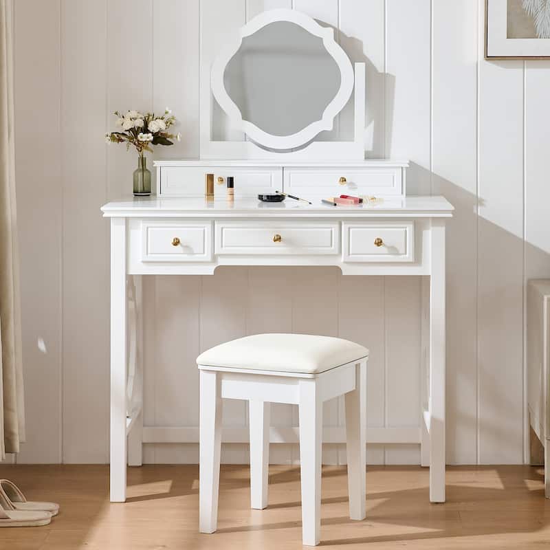 2-Piece Makeup Vanity Desk Set with PU Upholstered Stool, 5 Drawers Vanity Table Dressing Table with Swivel Vanity Mirror, White - White