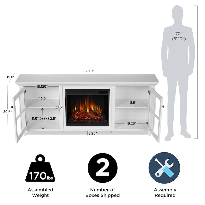 Norwell 73" TV Stand Electric Fireplace in White by Real Flame - 73" L x 15" W x 30.5" H
