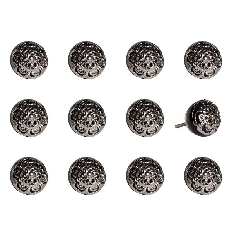 Set of 12 Decorative Round Ceramic Drawer Pulls with Silver Backplate for Kitchen and Living Room - 1.5” x 1.5” x 1.5”