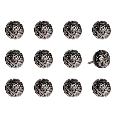 Set of 12 Decorative Round Ceramic Drawer Pulls with Silver Backplate for Kitchen and Living Room - 1.5” x 1.5” x 1.5”