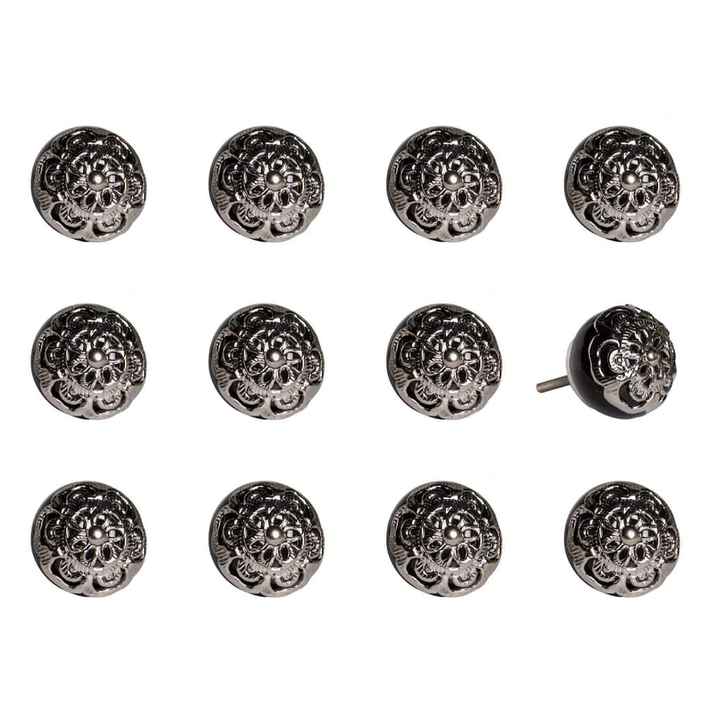 Set of 12 Decorative Round Ceramic Drawer Pulls with Silver Backplate for Kitchen and Living Room - 1.5” x 1.5” x 1.5”