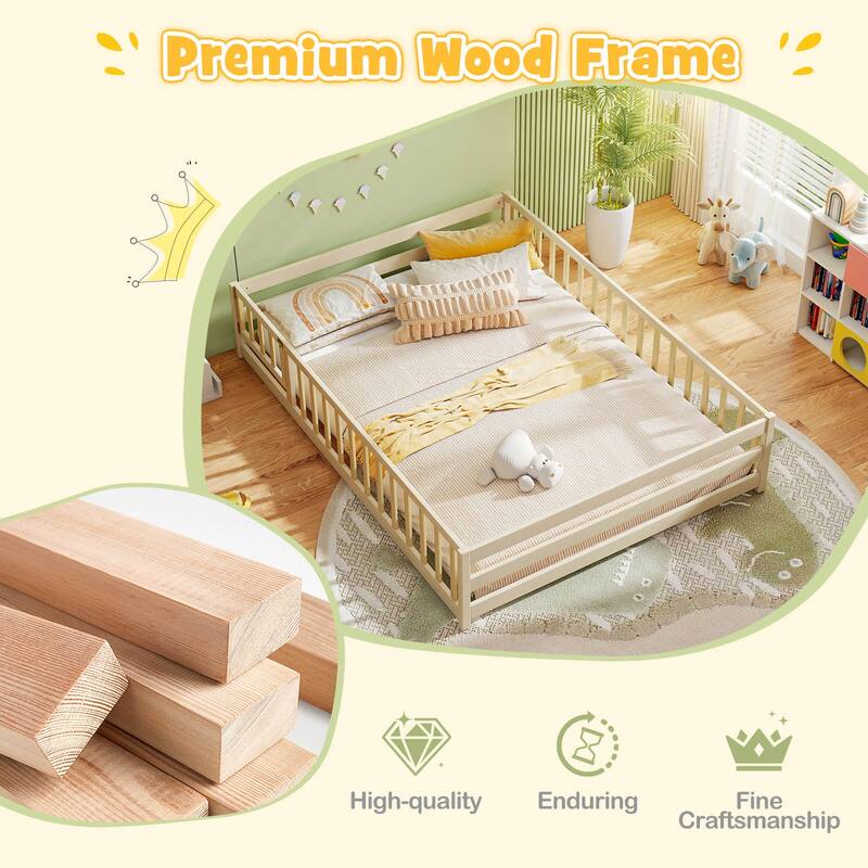 Costway Full Size Floor Bed with Full Length Safety Guardrails & Door