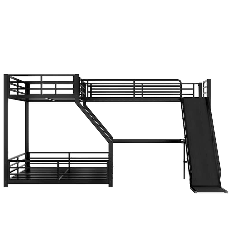 L Shaped Bunk Bed with Loft Bed, Heavy Duty Metal Triple Bunk Bed Frame for 3, Noise Free, L Shaped Desk with Charging Station