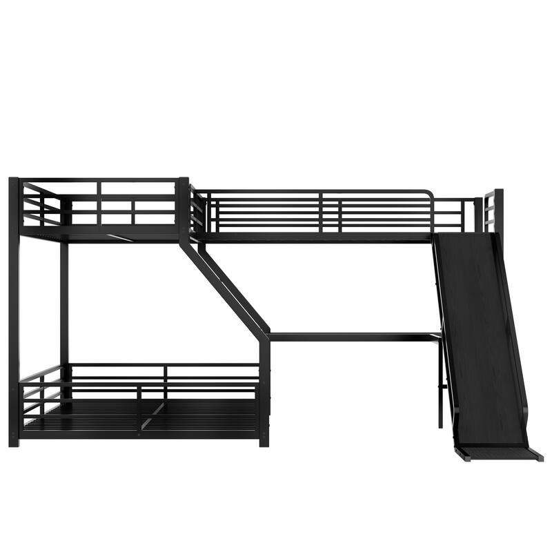 L-Shaped Twin XL over Queen Bunk Bed with Twin Size Loft Bed, Metal Triple Bunk Bed with Slide and USB Ports, Space-saving