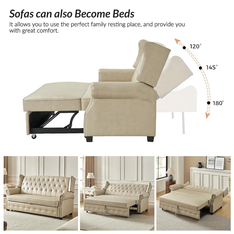 Ruedi Transitional 73.6" Vegan Leather Sofa Bed with Tufted Back and Nailhead by HULALA HOME