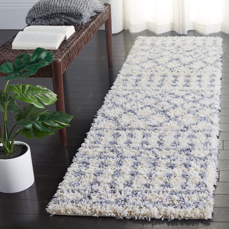 SAFAVIEH Venus Shag Artemizia Moroccan 1.75-inch Thick Rug - 2'2" x 8' Runner - Ivory/Grey