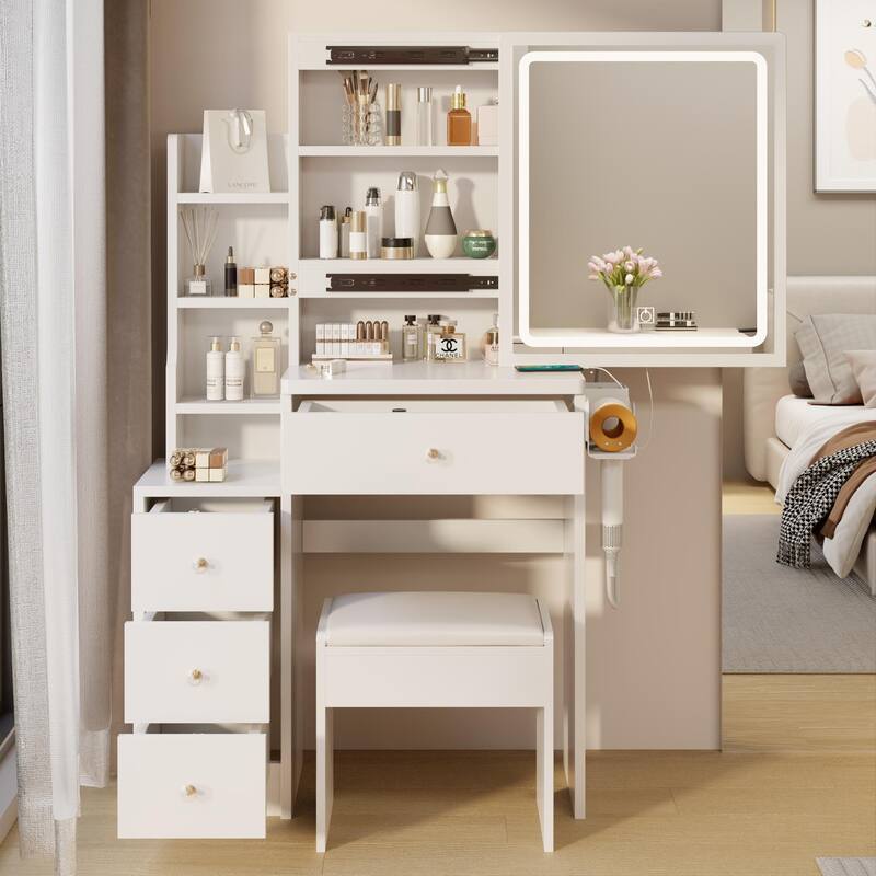 Left Cabinet Makeup Vanity with LED Mirror and USB Power Station and Cushioned Stool
