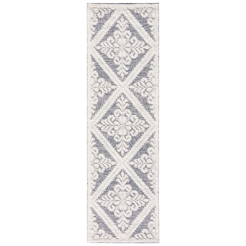 SAFAVIEH Handmade Vermont Davina Wool Rug - 2'3" x 8' Runner - Ivory/Navy