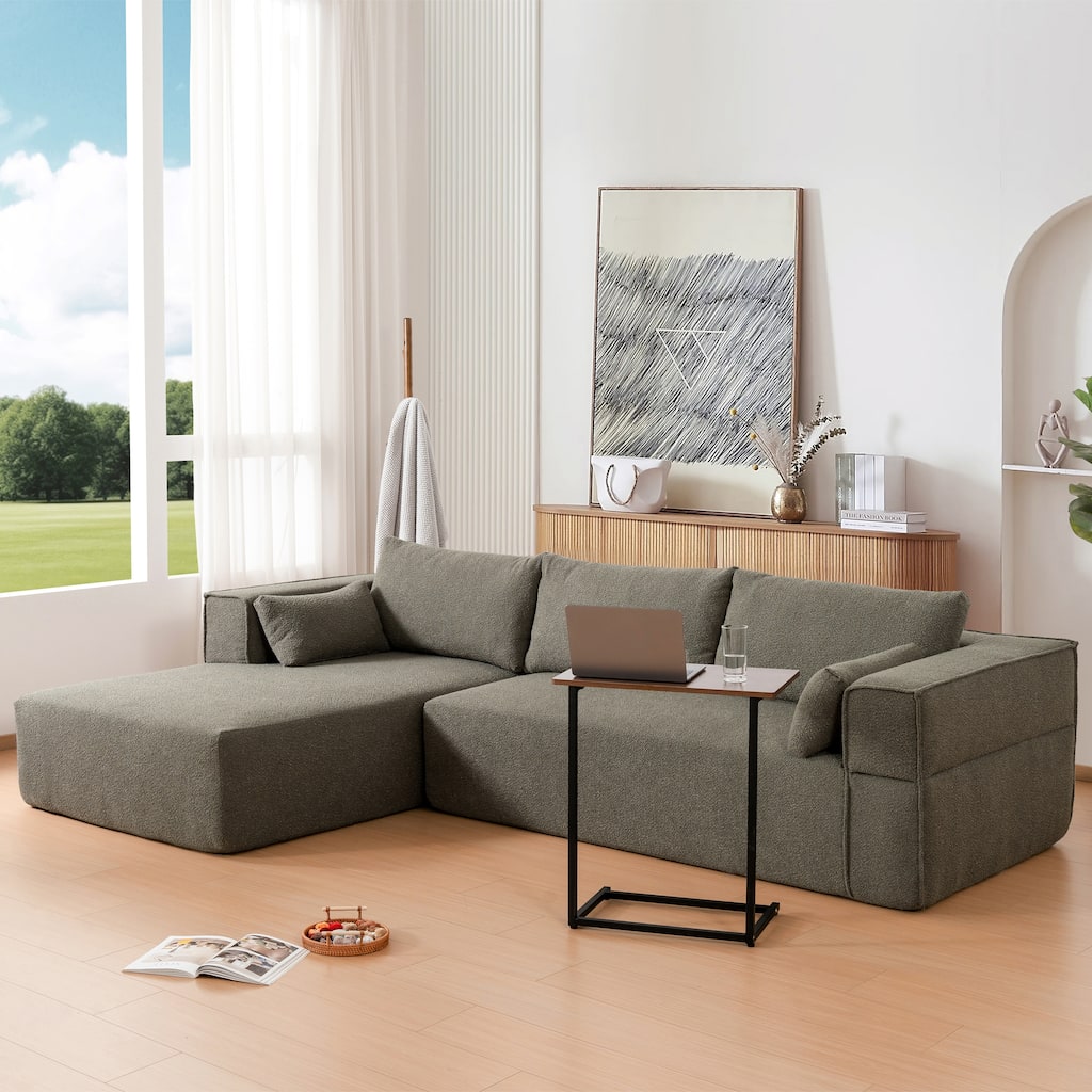 L Shaped Boucle Fabric Sectional Sofa w/ Chaise Lounge, Side Table, Pillows