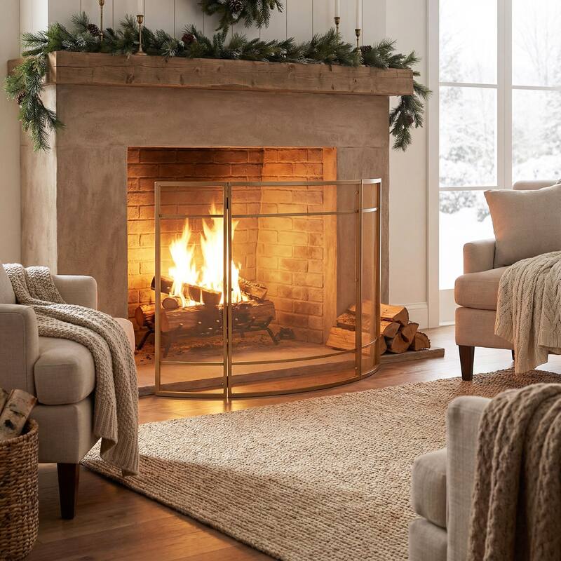 Roomfitters Regina 1-Panel Curved Iron Fireplace Screen with Grid Pattern