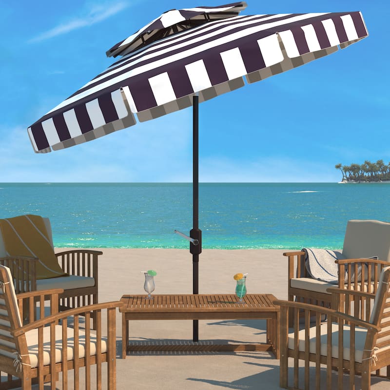 SAFAVIEH Outdoor Janiah Fashion Line 9Ft Double Top Umbrella, Base Not Included - Navy/White