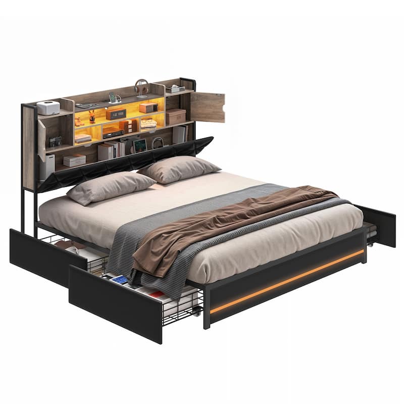 Queen/King Upholstered Bed Frame with RGB LED Lights & Storage Bookcase Headboard