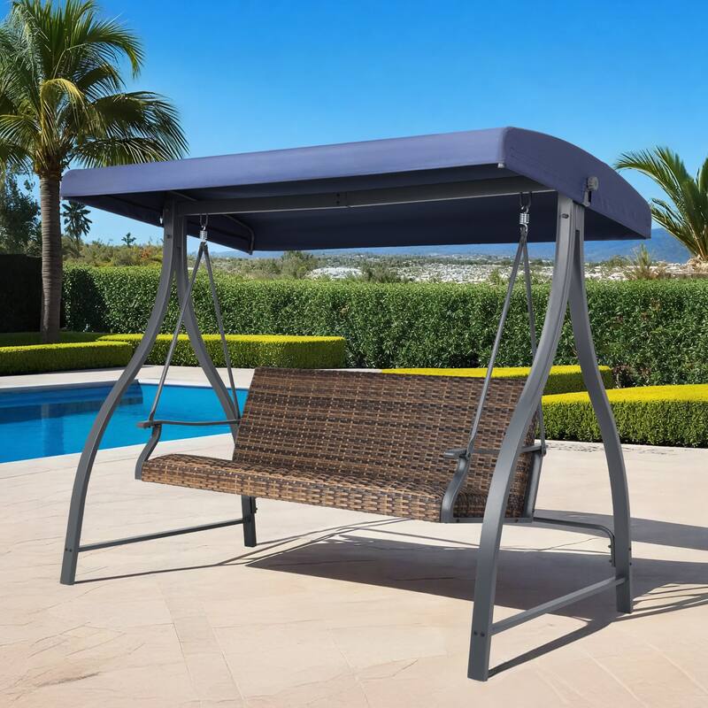 Aoodor 3-Seat Outdoor Rattan Patio Swing with Adjustable Canopy - Stylish Comfort for Your Porch, Garden, and Yard