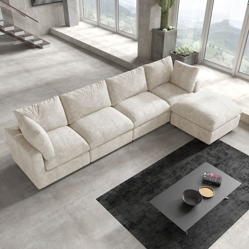 Minimalist Upholstered Cushion Sofa 4-Seater Chenille Modular Sectional Couch with Ottoman