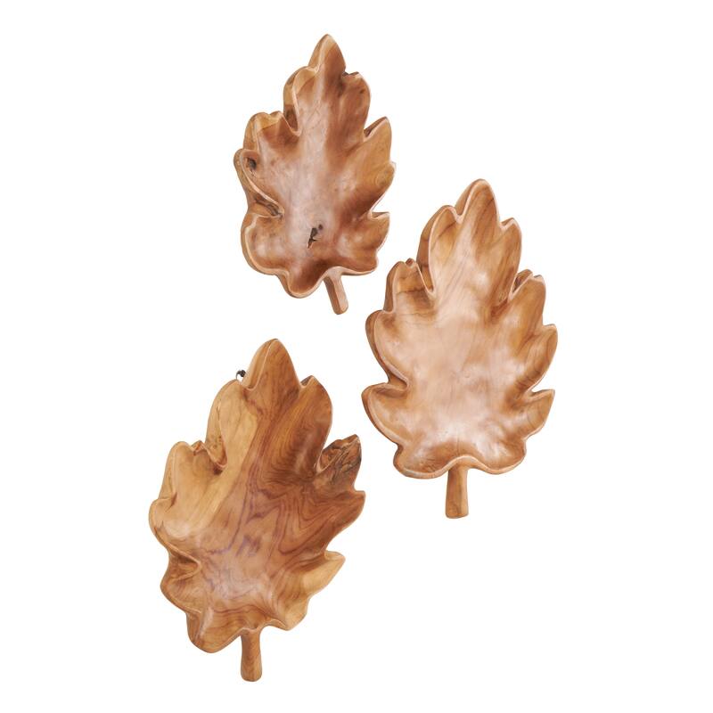 Brown Teak Wood Handmade Carved Leaf Living Room Decor Tray (Set of 3)