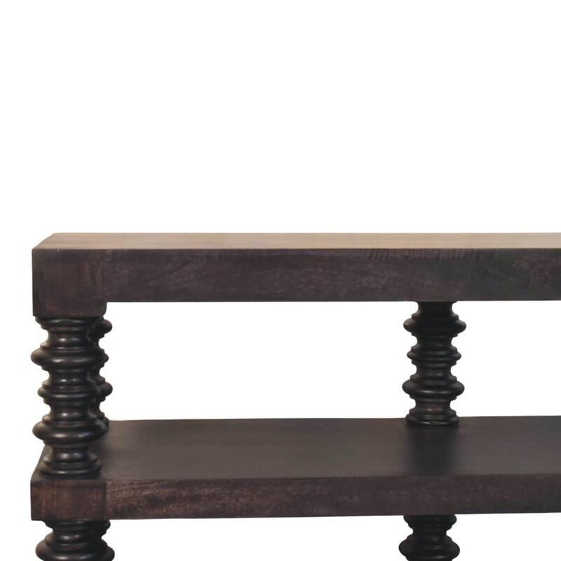 Artisan Furniture Solid Wood Spindle Shelf Console in Carbon Ash, Black with storage