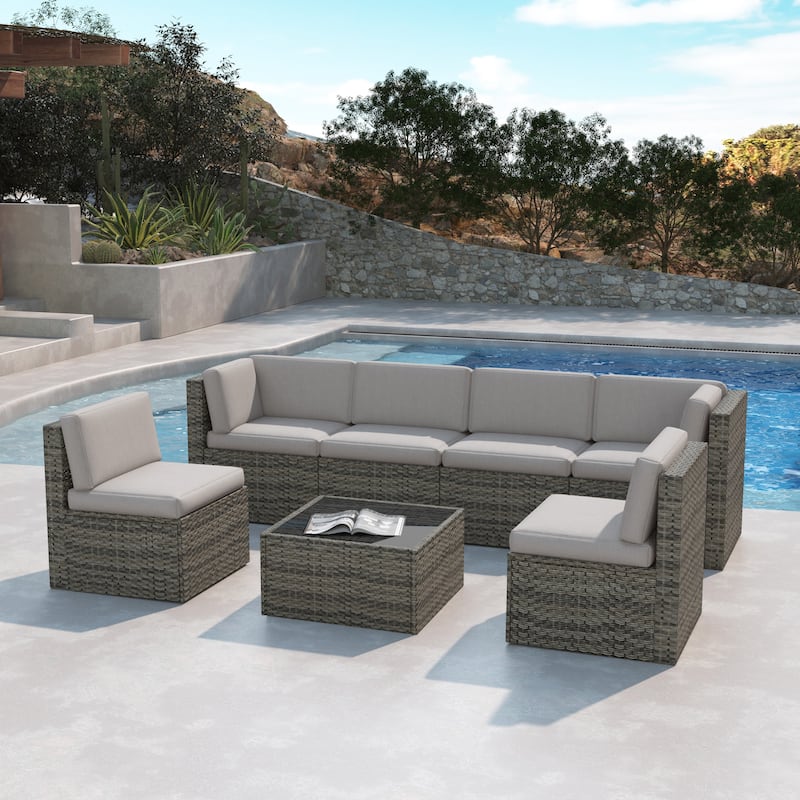 7-Piece Patio Wicker Sets Rattan Sectional Sofa With Cushions