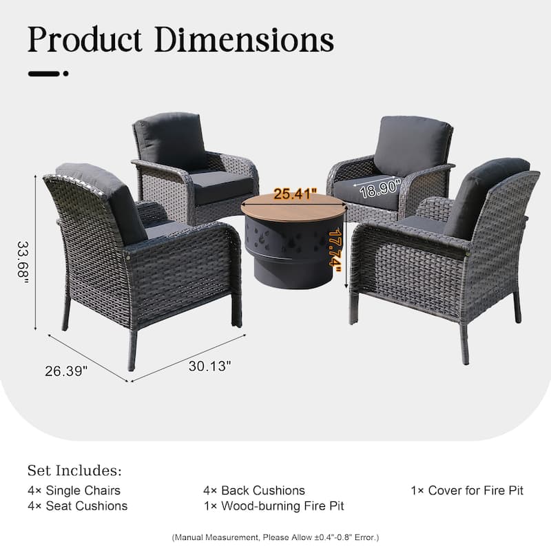 HOOOWOOO 5-piece Patio Wicker Chair Set with Wood Burning Fire Pit