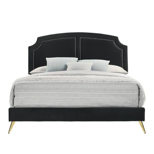 slide 2 of 5, Lily Platform Queen Upholstered Bed, Padded Headboard, Black, Gold