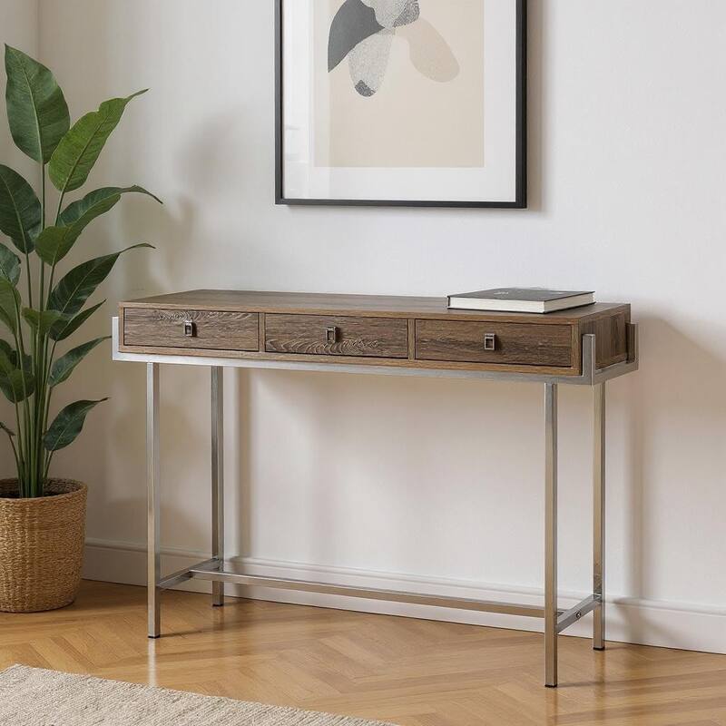 HomeRoots 48" Taupe and Silver Console Table And Drawers - 48.00 in. x 31.75 in. x 12.00 in. - Taupe