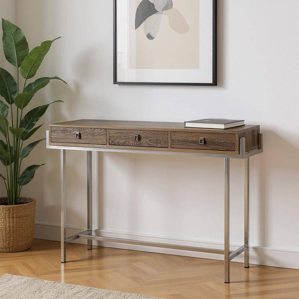 HomeRoots 48" Taupe and Silver Console Table And Drawers - 48.00 in. x 31.75 in. x 12.00 in.
