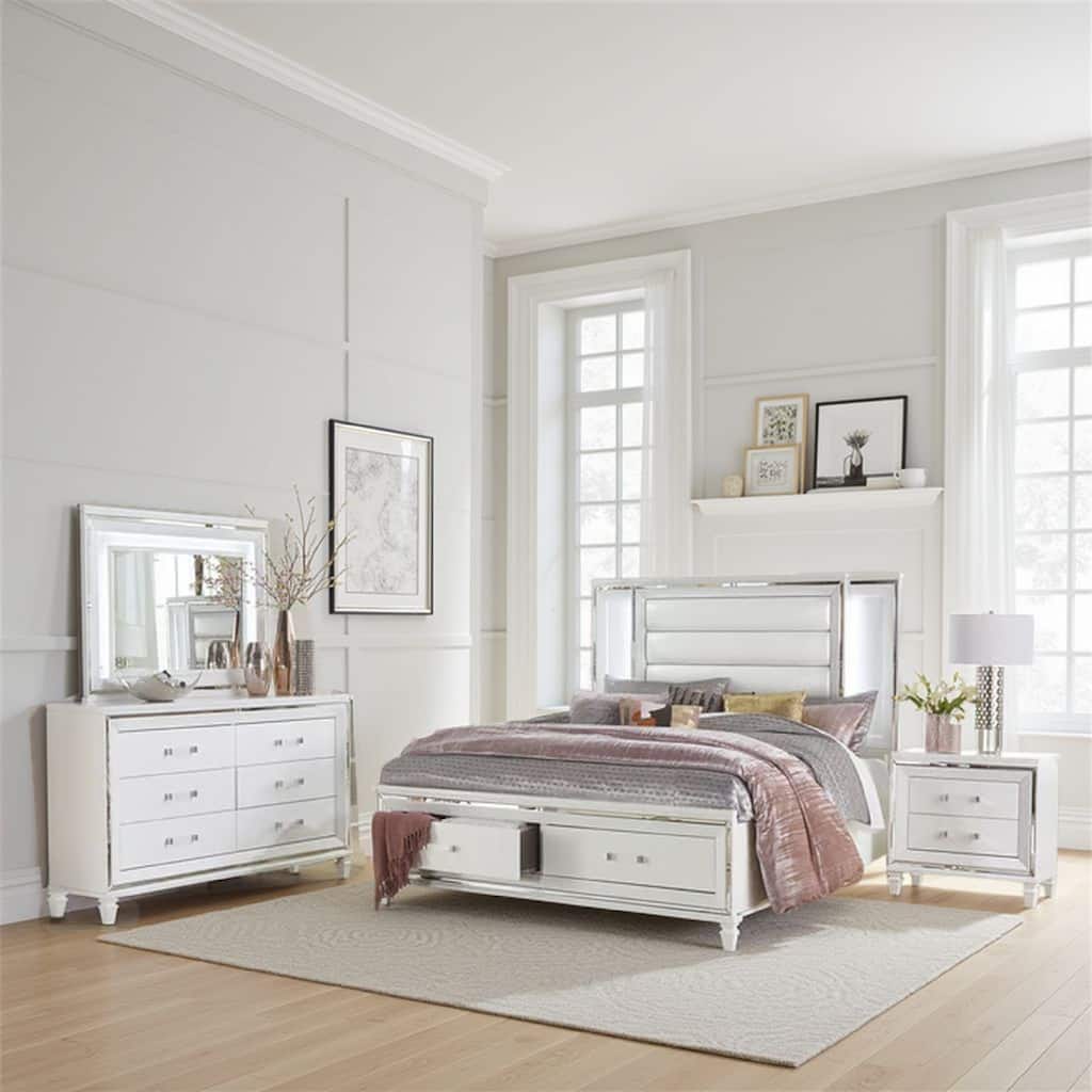Rosa 4 Pc Queen Storage Bedroom Set, LED, Mirrored Accents, White Metallic