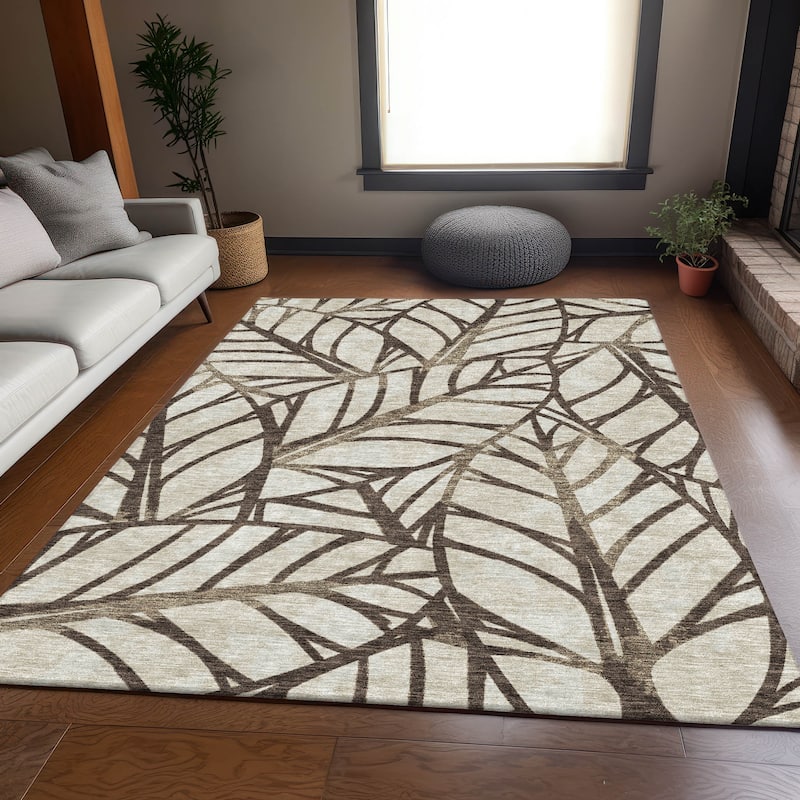 Machine Washable Indoor/ Outdoor Chantille Modern Palm Rug