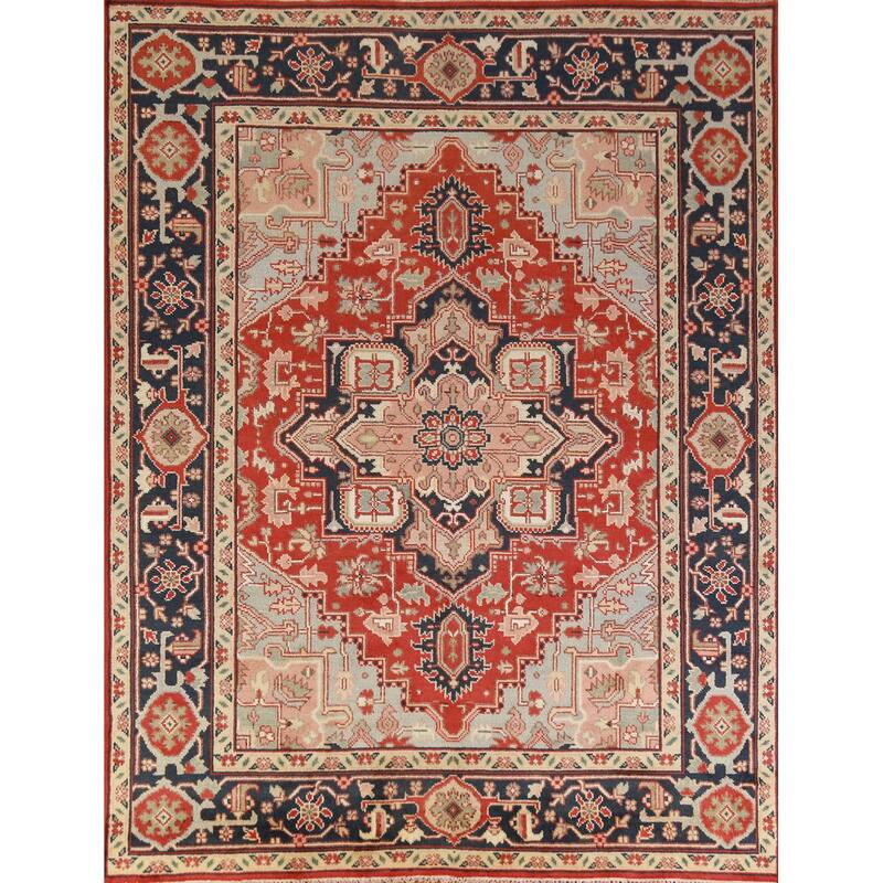 Hand Knotted Oriental 100% Wool Carpet Traditional Medallion Oranges & Rust Heriz (serapi) Area Rug - 9' 9'' X 8' 0''