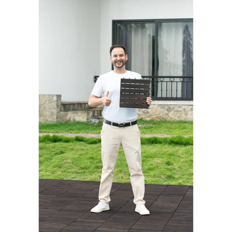 10 Pieces Dark Brown 12"x12" Interlocking Wood Plastic Deck Tiles Waterproof Anti Mold Outdoor Flooring