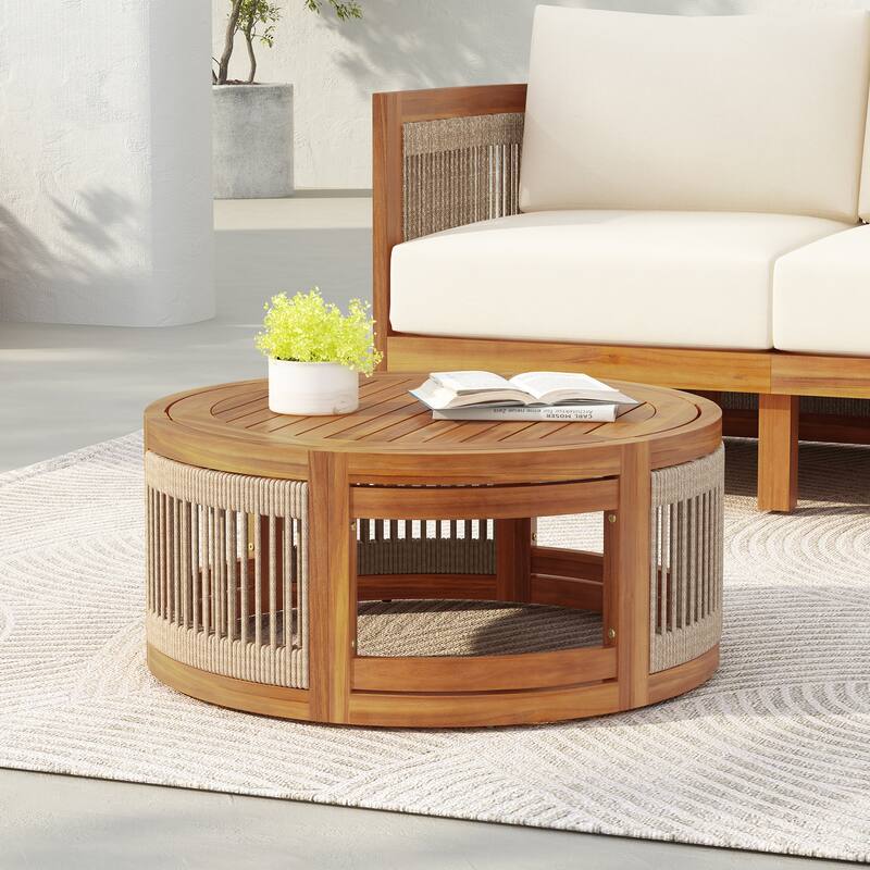 27.95" Acacia Wood Outdoor Coffee Table, Handwoven Rope Accent Boho Patio Table with All-Weather Durability