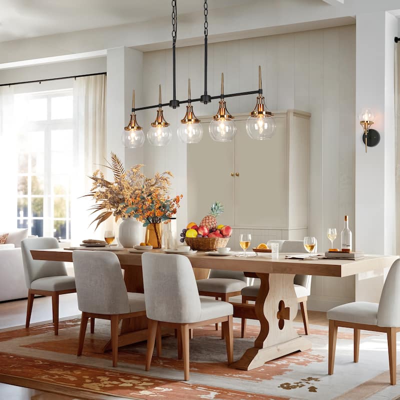 Beta Modern 5-Light Linear Glass Chandelier Black Gold Kitchen Island Light for Dining Room - 36'' L x 4.9'' W x 20.2'' H