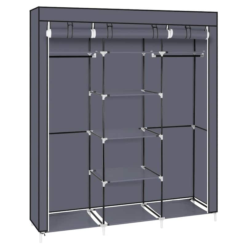 69" Portable Clothes Closet Non-Woven Fabric Wardrobe Double Rod Storage Organizer Gray - Grey