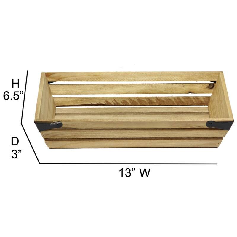 Natural wood shallow rectangle crate with metal corner design