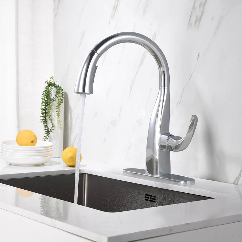 WOWOW Single Handle Gooseneck Kitchen Sink Faucet with Deckplate