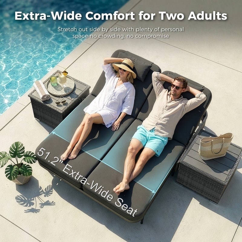 Outdoor Sectional Conversation Set PE Wicker with Double Chaise Lounge, 60,000 BTU Fire Pit Table