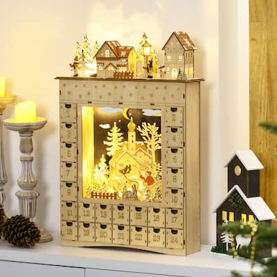 HOMCOM Christmas Advent Calendar, Light Up Wooden Holiday Decoration with 24 Countdown Drawers and LED LightsNatural