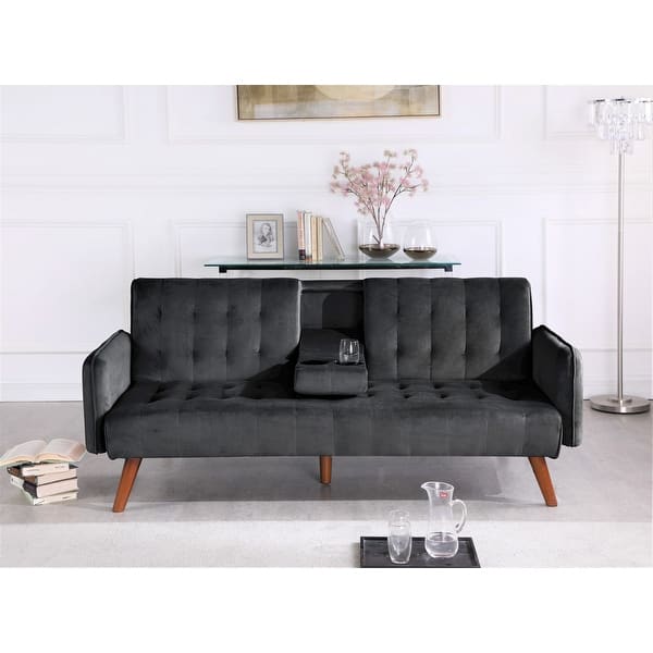 slide 2 of 8, US Pride Tufted Convertible Velvet Sofa Bed with Cup Holder Black