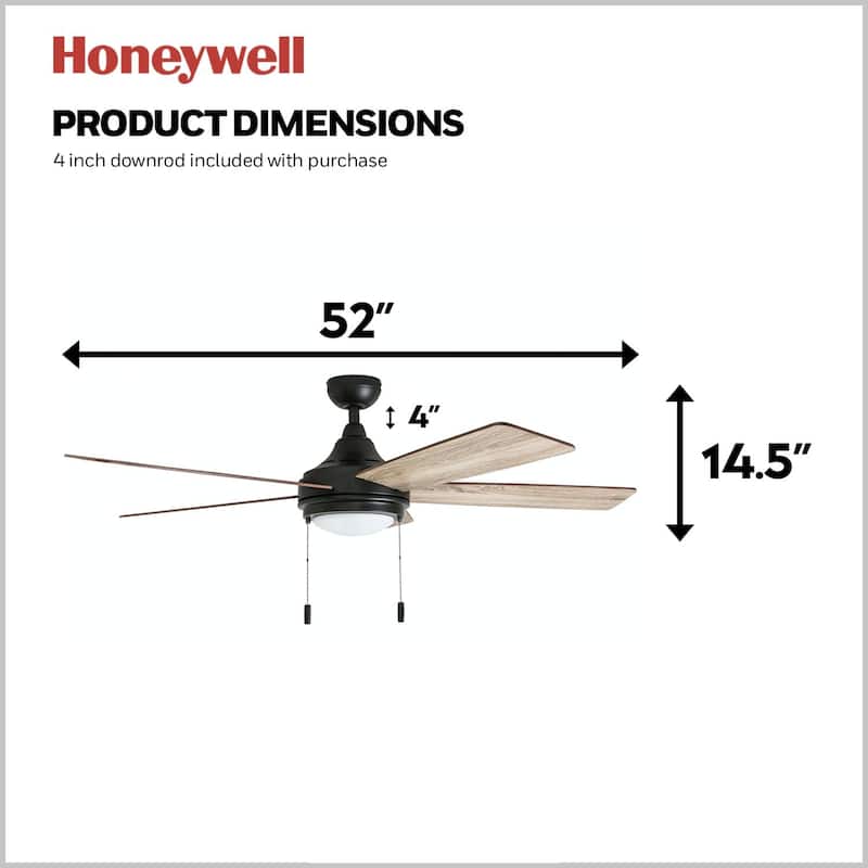 52" Honeywell Ventnor Bronze Modern Farmhouse Indoor LED Ceiling Fan with Light, Pull Chain